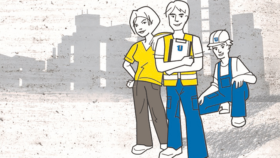 Grafik 3 Personen in blau-gelber Kleidung