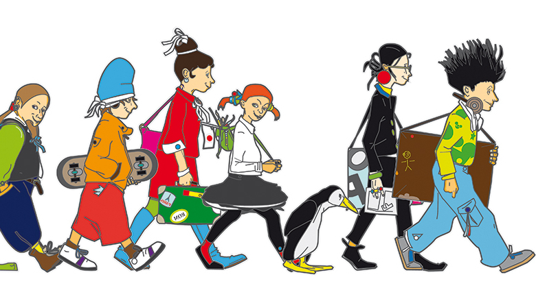 Graphik 7 verschiedene Figuren im Comicstil die alle in die rechte Richtung laufen. Darunter ein Fantasiewesen, die anderen Figuren sind junge Leute mit coolen Outfits, Skatboard, Zeichenmappe, Koffer oder Kopfhörern. Dazu ein Pinguin.