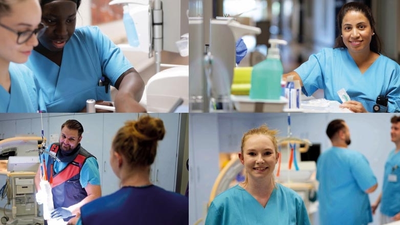Bildcollage von Mitarbeitenden in verschiedenen Bereichen im Krankenhaus