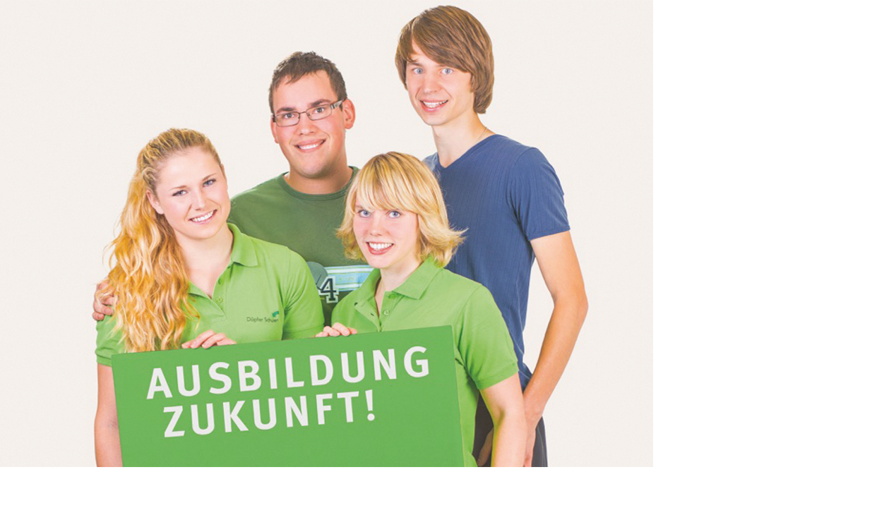 4 junge Menschen vor Ihnen der Slogan: Ausbildung Zukunft! In der rechten oberen Ecke das Logo der   Döpfer Schulen Nürnberg GmbH 