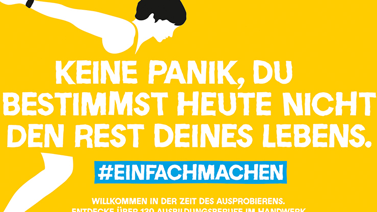 Grafische Darstellung einer Person die springt, dazu der Spruch "KEINE PANIK, DU BESTIMMST HEUTE NICHT DEN REST DEINES LEBENS.".