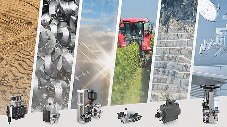 Verschiedene Einsatzbereiche von Technik sind nebeneinander zu sehen: Sand, Metallspäne, Solarpanels, Landwirtschaft, Steinbruch und OP-Saal. Unten sind passende Maschinen und Bauteile abgebildet.