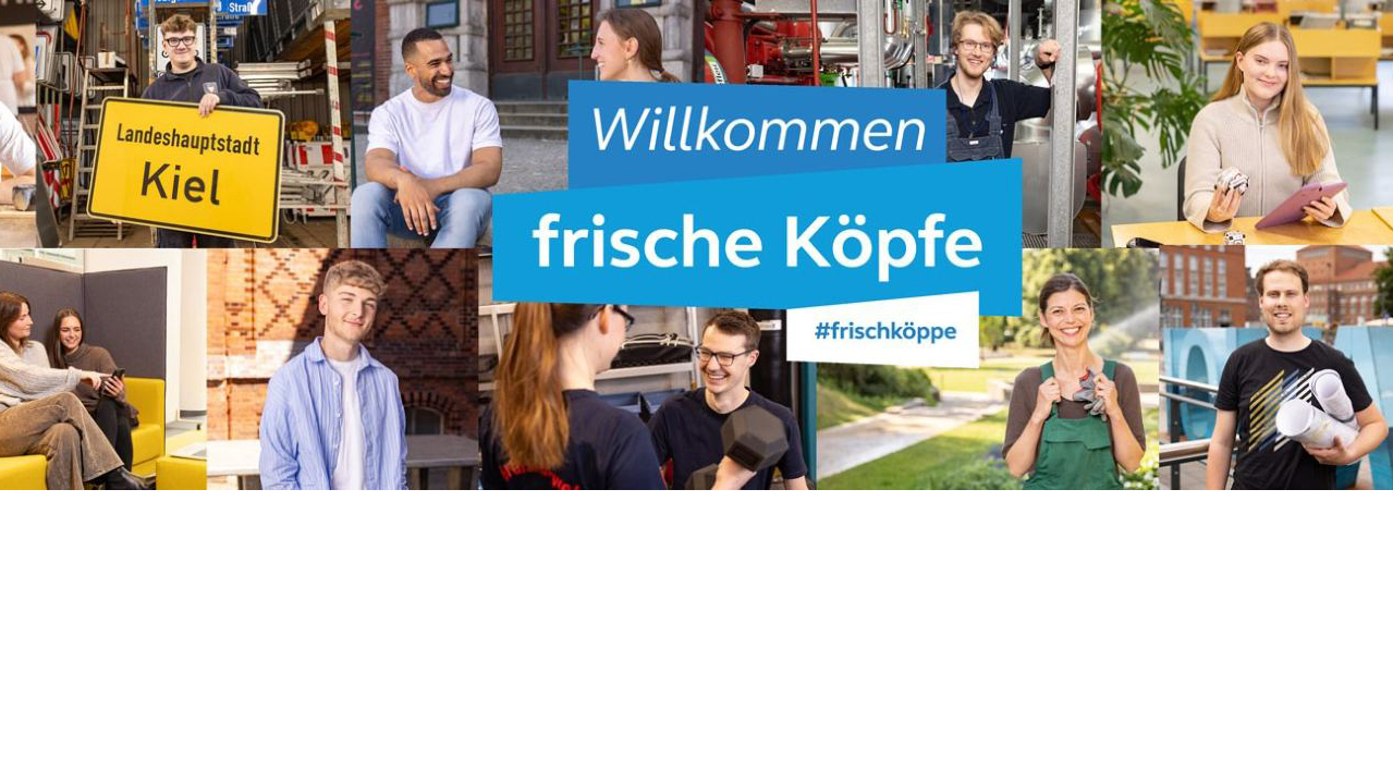 Bildmontage mit verschiedenen Abbildungen arbeitender Menschen und Slogan "Willkommen frische Köpfe #frischköppe"