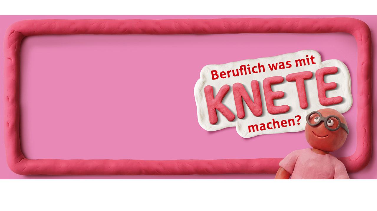 Rosa Hintergrund. Außen herum ist eine Umrandung aus rosa Knete geformt.
Spruch: Beruflich was mit Knete machen?