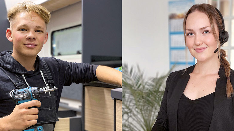 Bildcollage: links Azubi mit Akkuschrauber, rechts Azubi mit Headset