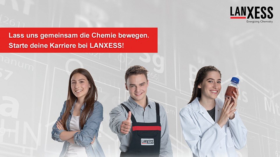 Kampagnenbild Lanxess "Lass uns gemeinsam die Chemie bewegen. Starte deine Karriere bei Lanxess!"