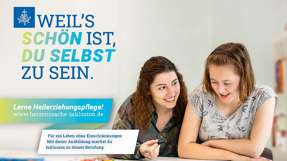 Zwei Personen malen gemeinsam und lachen. Daneben steht der Text :"Weil’s schön ist, du selbst zu sein" – Für ein Leben ohne Einschränkungen: Mit dieser Ausbildung machst du Inklusion zu deiner Berufung. Oben rechts: Logo der Barmherzigen Brüder  