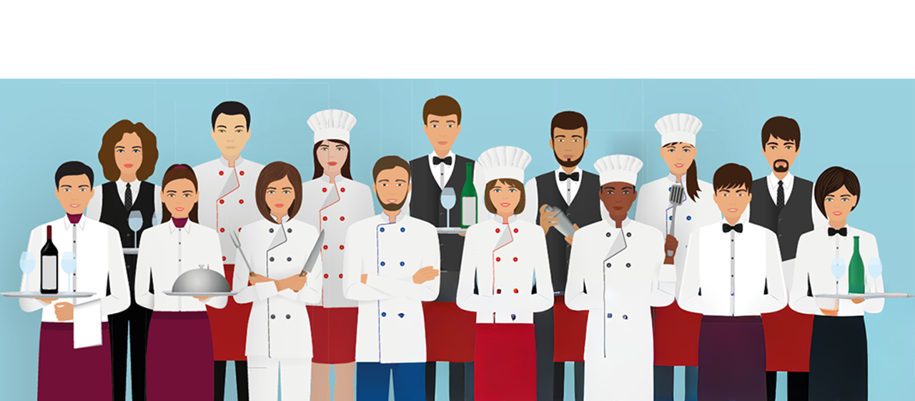 Graphik. Verschiedene Menschen mit ihrer entsprechenden Berufskleidung aus dem Gastronomiebereich. Dazu der Spruch: Perspektive Zukunft in Sachsen. Werde Teil der schönsten Branchen der Welt.