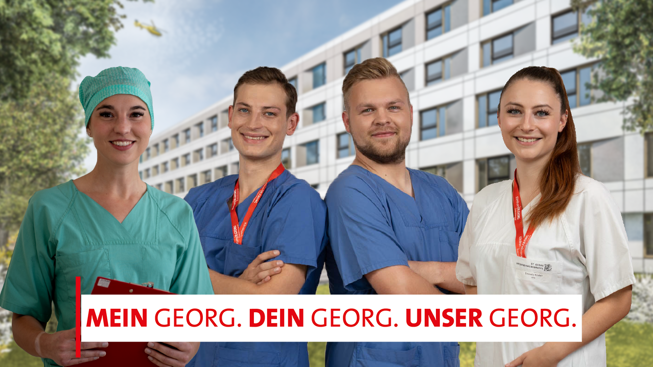 Gruppenbild junger Mitarbeitender verschiedener Abteilungen vor Klinikgebäude