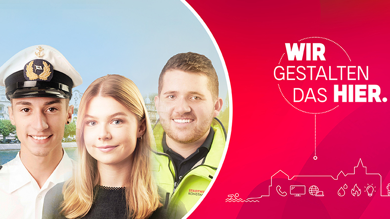 Drei Personen aus unterschiedlichen Berufsfeldern. Rechtsseitig der Slogan "WIR GESTALTEN DAS HIER."