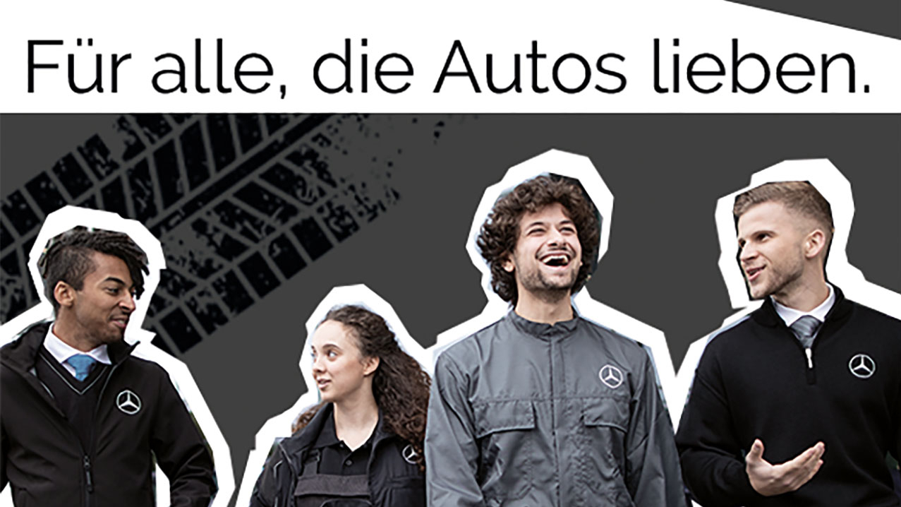 Bildcollage von 4 jungen Menschen in dunklen Arbeitsanzügen