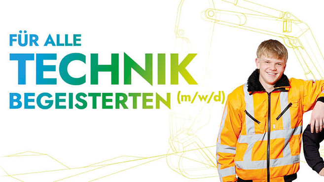 3 junge Männer in organene Arbeitsjacken; Spruch: Für alle Technik Begeisterten