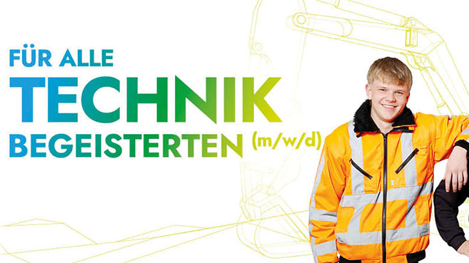 3 junge Männer in organene Arbeitsjacken; Spruch: Für alle Technik Begeisterten