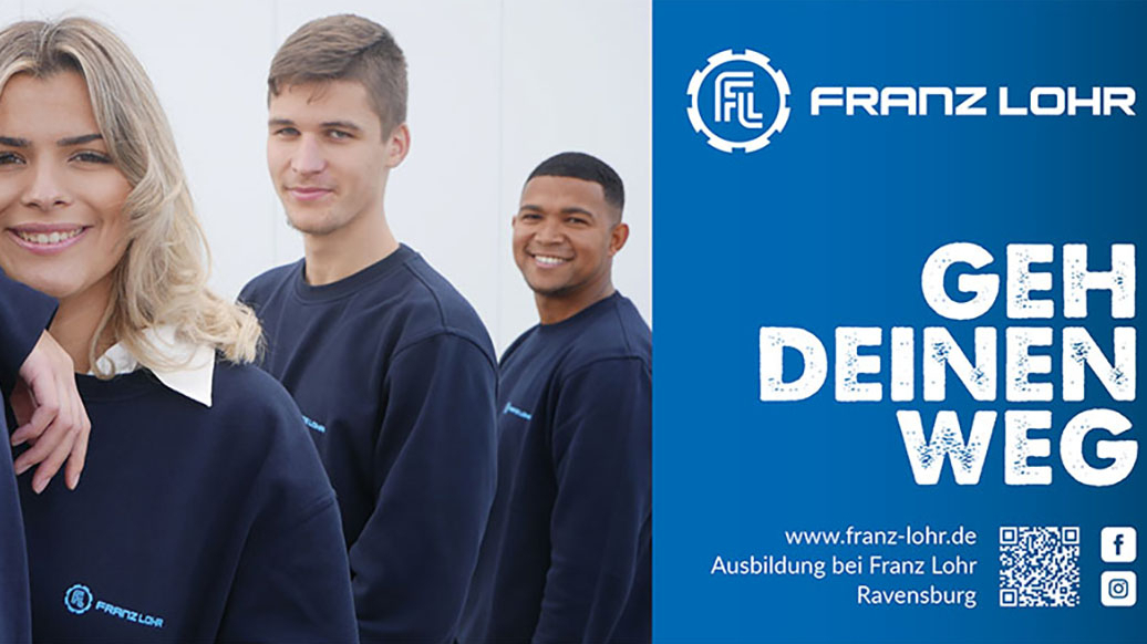 Drei Personen sehen in die Kamera, rechtsseitig das Logo von der Franz Lohr GmbH und der Slogan "GEH DEINEN WEG".