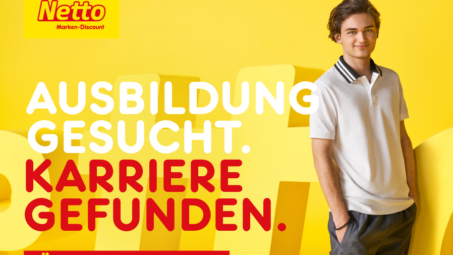 Eine Person lächelt in die Kamera. Daneben steht der Slogan: AUSBILDUNG GESUCHT. KARRIERE GEFUNDEN. FÜR ALLE, DIE WISSEN, WAS SIE WOLLEN.