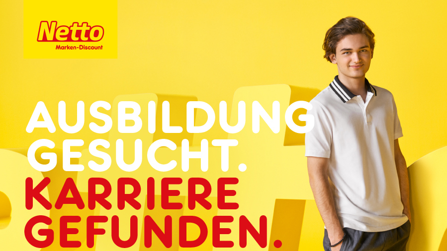 Eine Person lächelt in die Kamera. Daneben steht der Slogan: AUSBILDUNG GESUCHT. KARRIERE GEFUNDEN. FÜR ALLE, DIE WISSEN, WAS SIE WOLLEN.