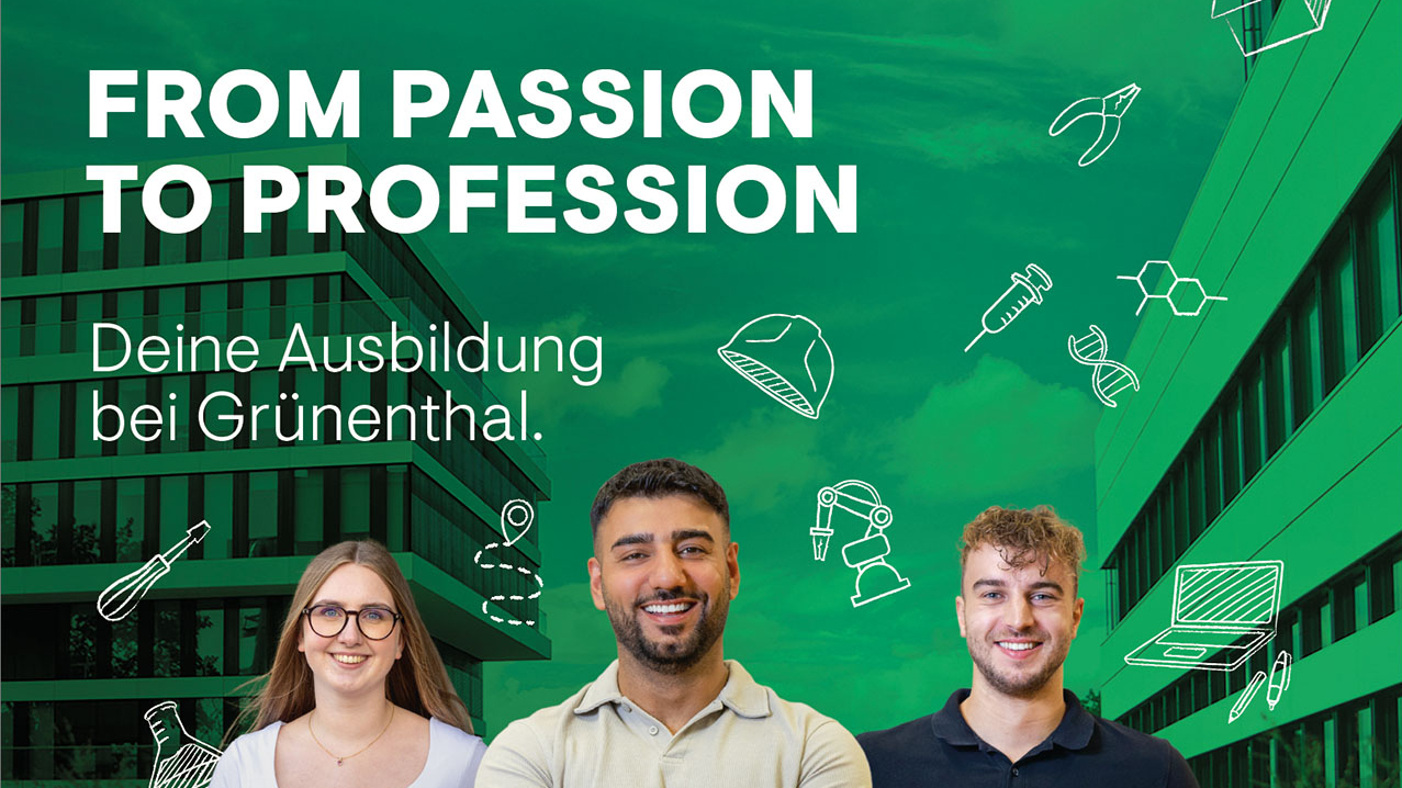 Werbekampagne: 3 junge Menschen, im grünen Hintergrund sieht man Symbole aus der Chemie und Medizin