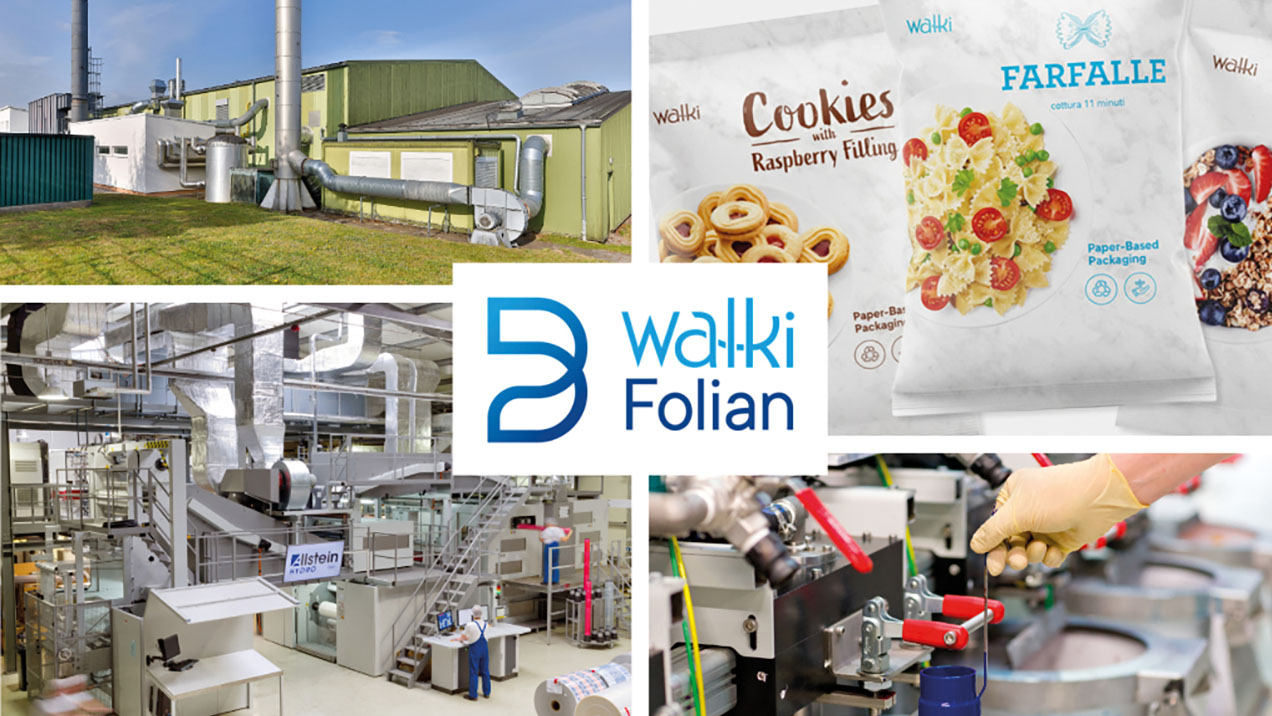 Bildcollage aus Gebäudeansicht, Werkhalle, Lebensmittelverpackung