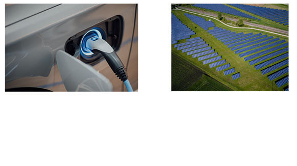 2 Bilder: Solarfeldern, Betankung eines E-Fahrzeuges