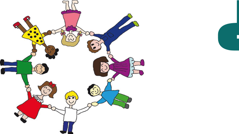 Graphik von Kindern, die sich an den Händen halten und eine Kreis bilden, daneben das Logo von Donner+Kern