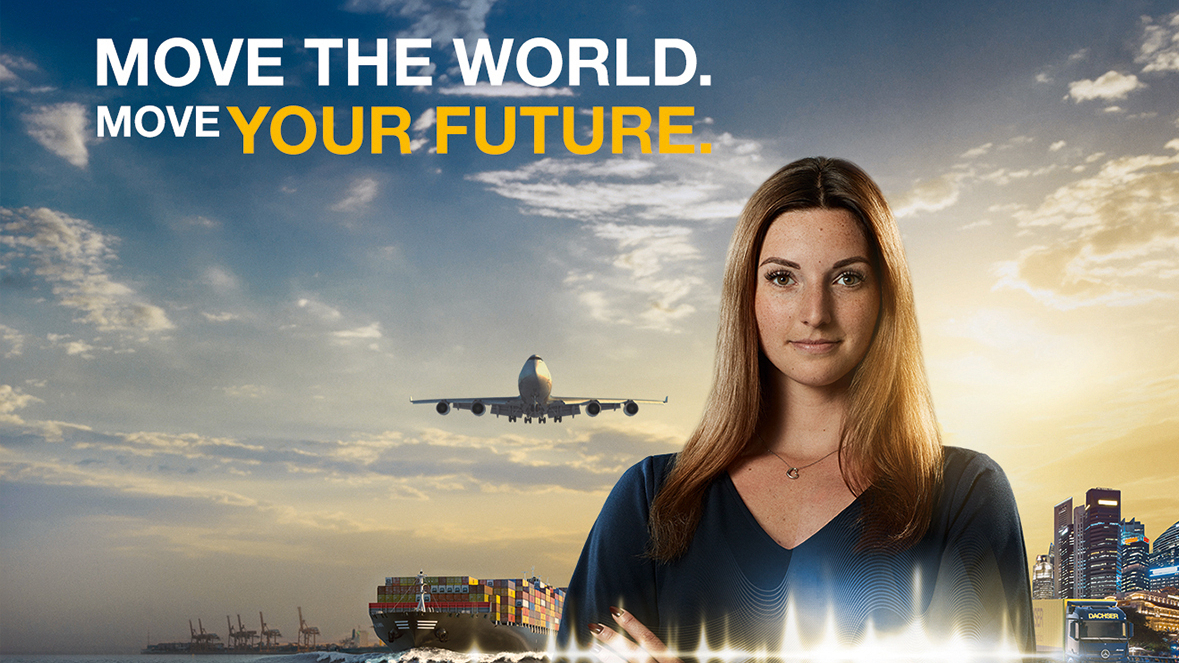 Junger Mensch vor einem Hintergrund mit Containerschiff, Flugzeug und LKW, Bildaufschrift: Move the world. Move your future.