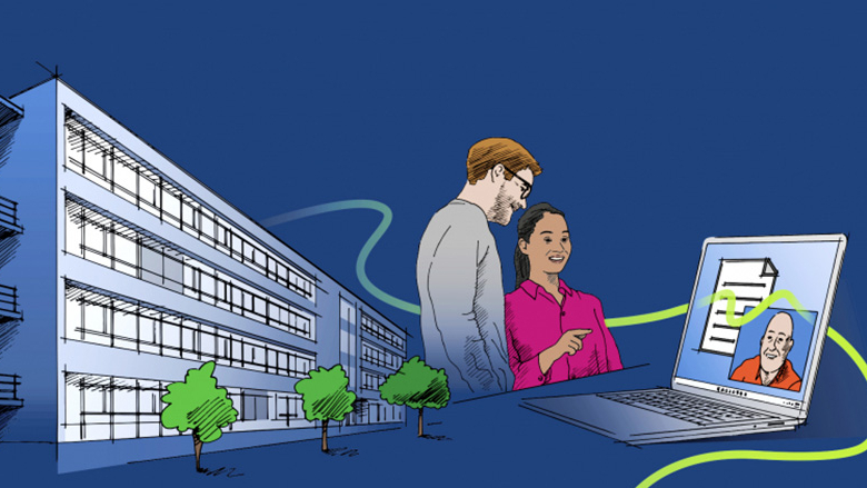 Animationsbild: zwei Personen stehen vor einem Laptop, im Hintergrund ein Gebäude