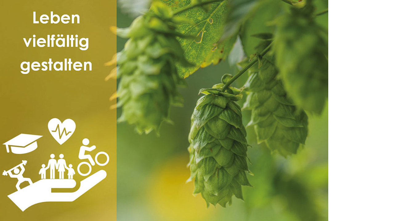 Linksseitig der Slogan "Leben vielfältig gestalten", rechtsseitig eine Nahaufnahme einer Pflanze.