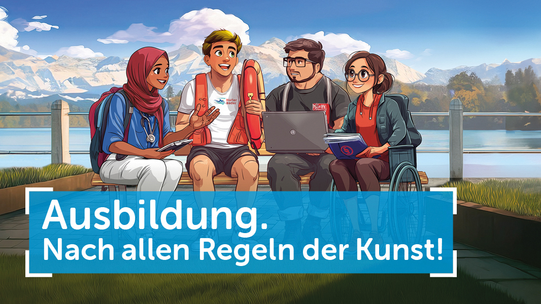 Ausbildung. Nach allen Regeln der Kunst! - Animiertes Bild mit einer Gruppe junger Menschen, die gemeinsam auf einer Bank sitzen.