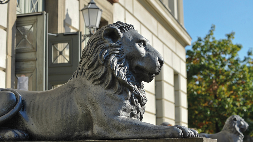 Löwenfigur vor Universitätsgebäude