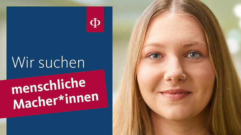 Junge lächelnde Person, Bildaufschrift: Wir suchen menschliche Macher*innen