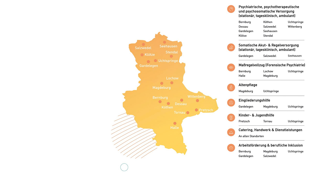 Gelbe Karte von Sachsen-Anhalt mit eingezeichneten Standorten der Kliniken