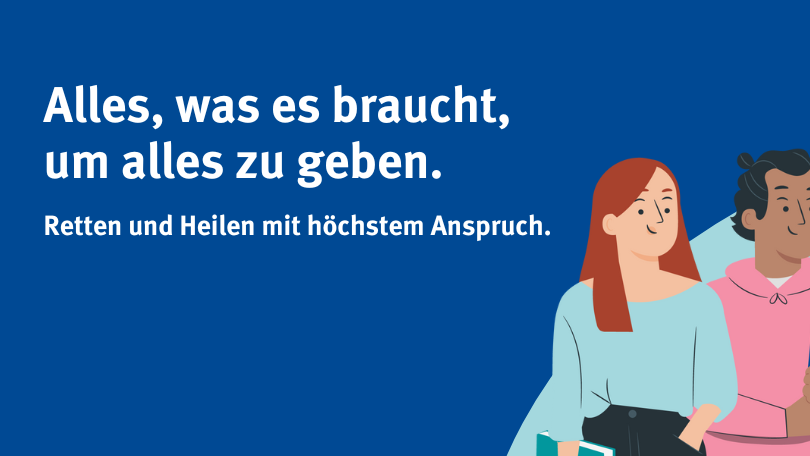 Kampagnenbild im Comicstil. Drei Personen mit ärztlichen Berufen und dem Titel "Alles, was es braucht, um alles zu geben." Retten und Heilen mit höchstem Anspruch.