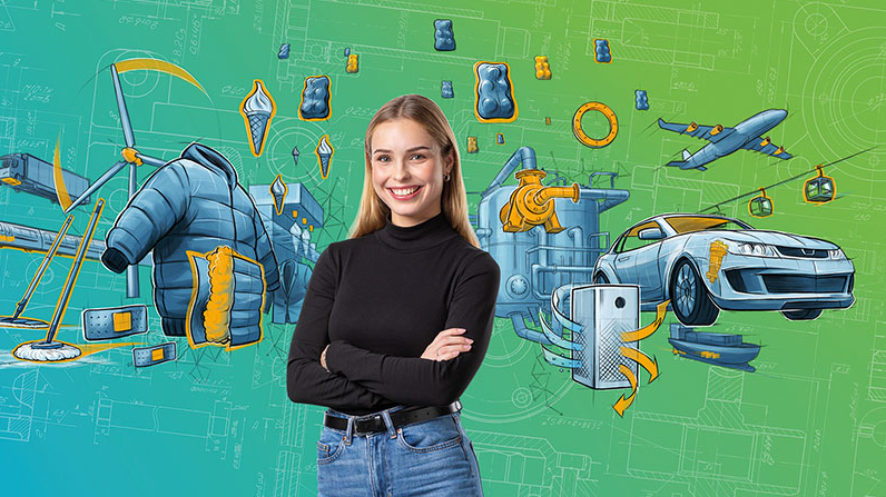 Junge Frau vor Bildcollage