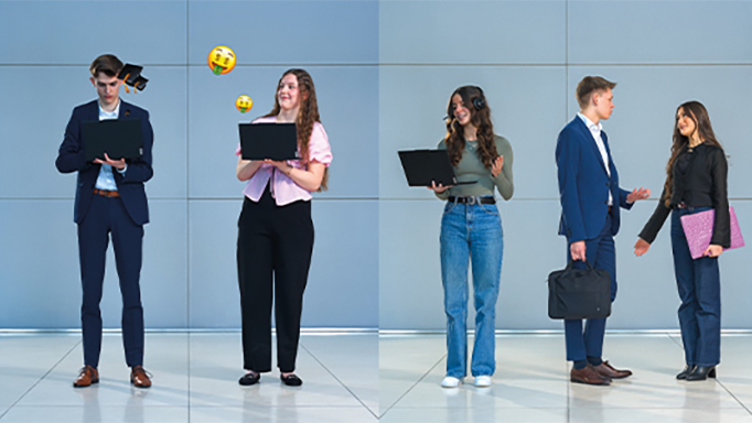 Bildcollage von geschäftigen Personen mit Laptop oder Aktentasche