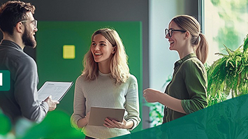 Drei junge lächelnde Personen umgeben von Grünpflanzen, Bildaufschrift: Dein Job bei den Steuerprofis aus dem Rheinland 