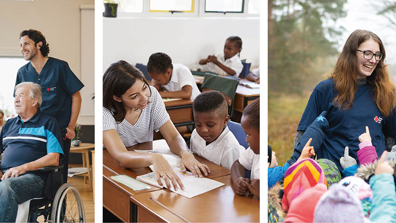 Collage aus drei Bildern mit Situationen aus dem Arbeitsalltag, ein Herr im Rollstuhl mit Pfleger, eine Lehrerin in einer Schule und eine Erzieherin die draußen mit Kindern unterwegs ist