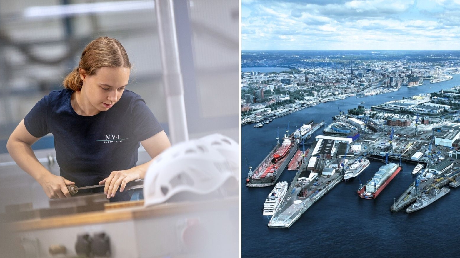 Bildcollage: Junge Person bei der Arbeit in der Werkstatt und Impression vom Hafen bei bewölktem Himmel