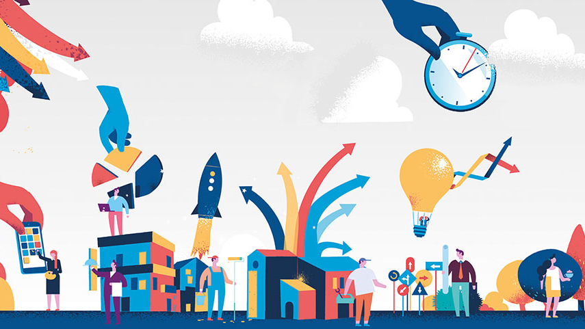 Animationsbild: Hand hält eine Uhr, einen Taschenrechner; Menschen und Häuser, eine blaue Rakete startet, 