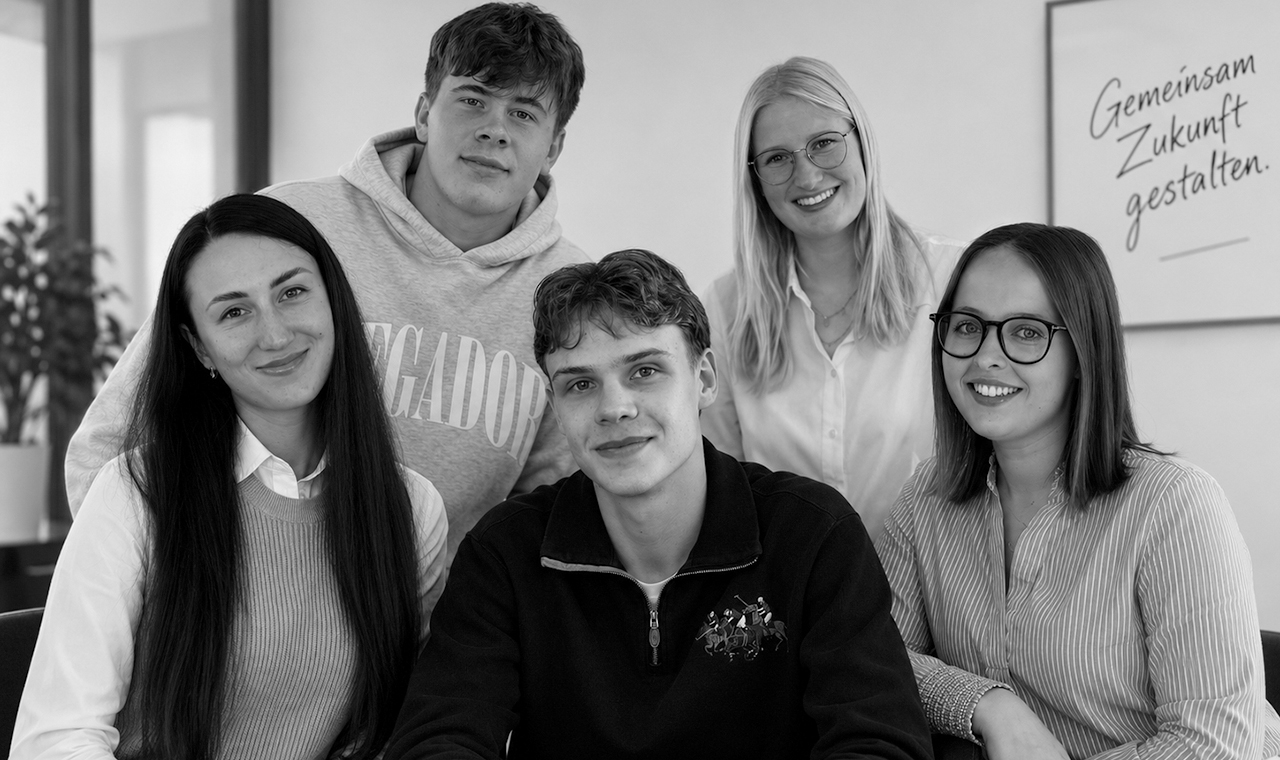 5 junge Menschen, die in die Kamera schauen, Gruppenfoto