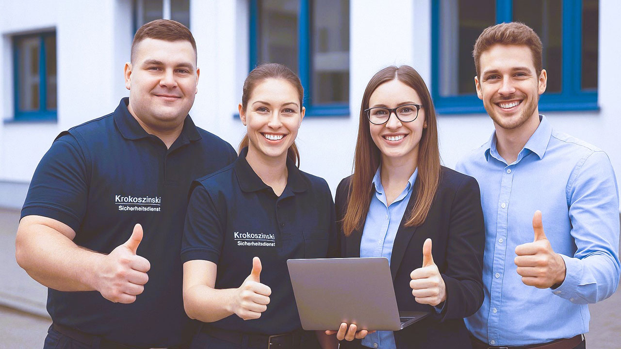 Vier junge lächelnde Personen zeigen den Daumen nach oben, eine Person hält einen Laptop in der Hand