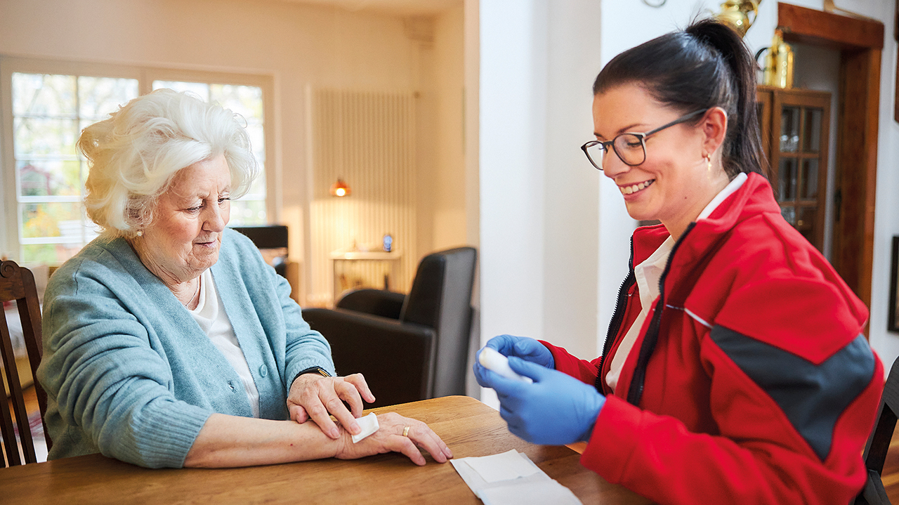 Mitarbeitende beim Hausbesuch einer älteren Dame