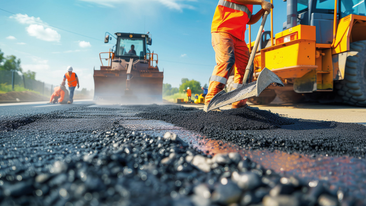 Straßenarbeiten, man sieht Asphalttierarbeiten und eine Walze