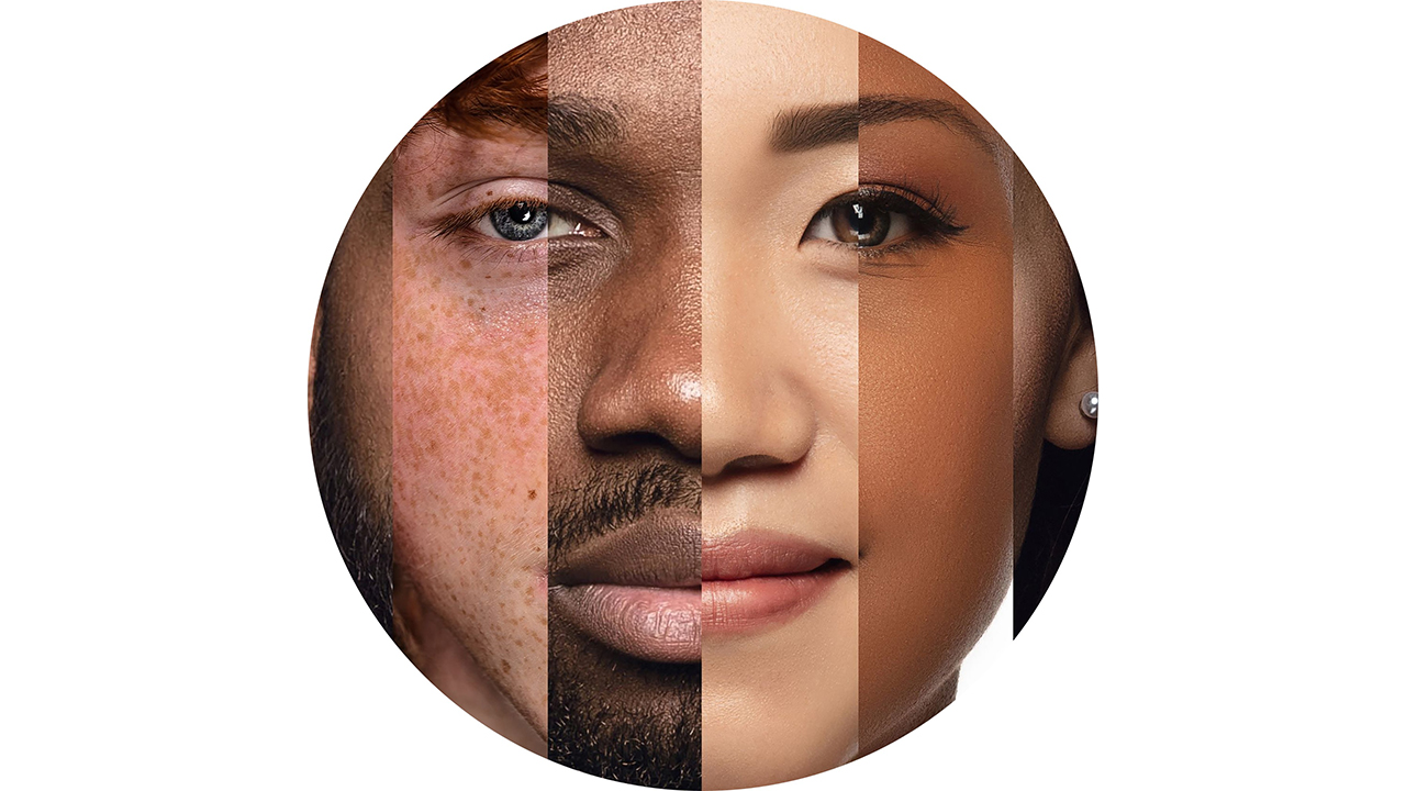 Rundes Bild. Es ist in Streifengeschnitten und zeigt verschiedene Menschen.