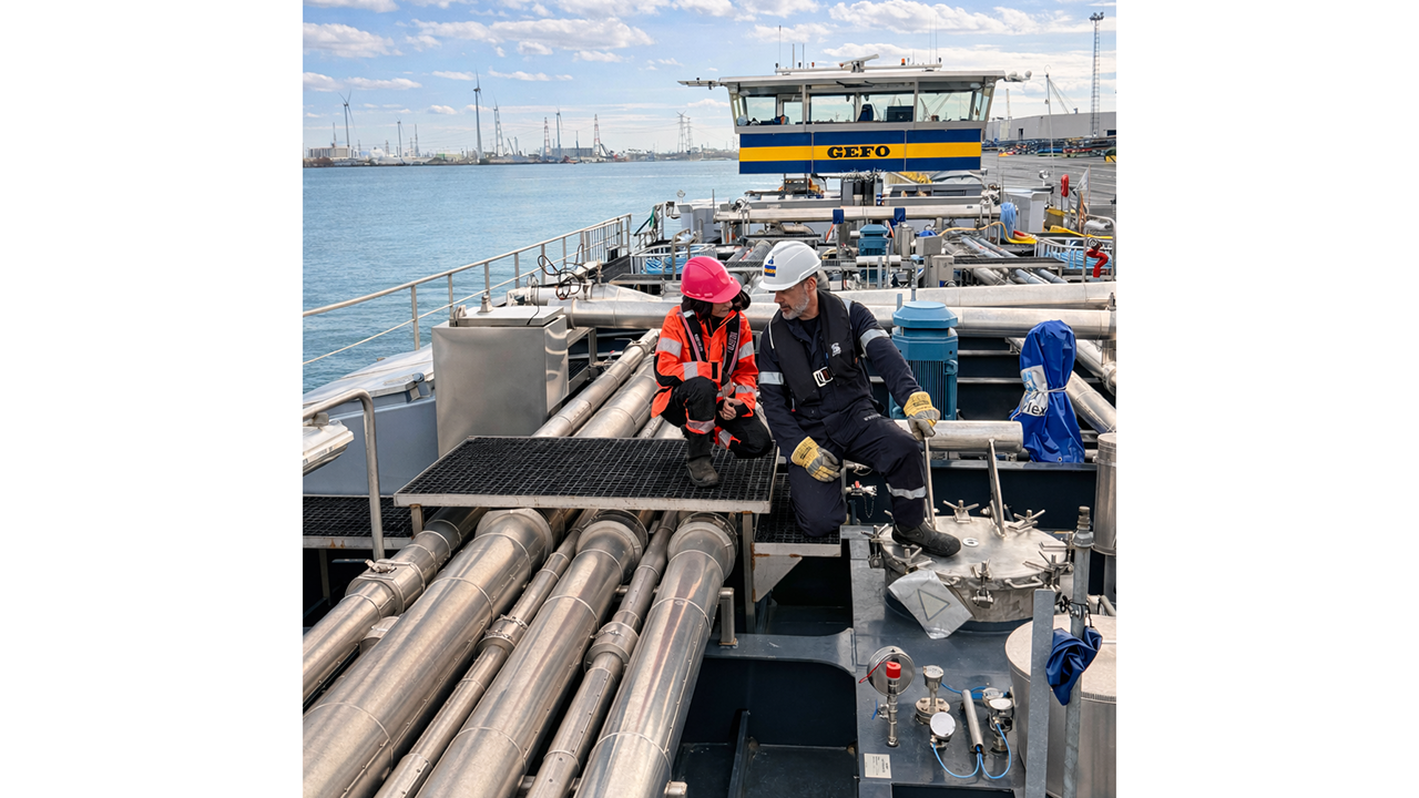 Zwei Mitarbeiter arbeiten auf einem Schiff