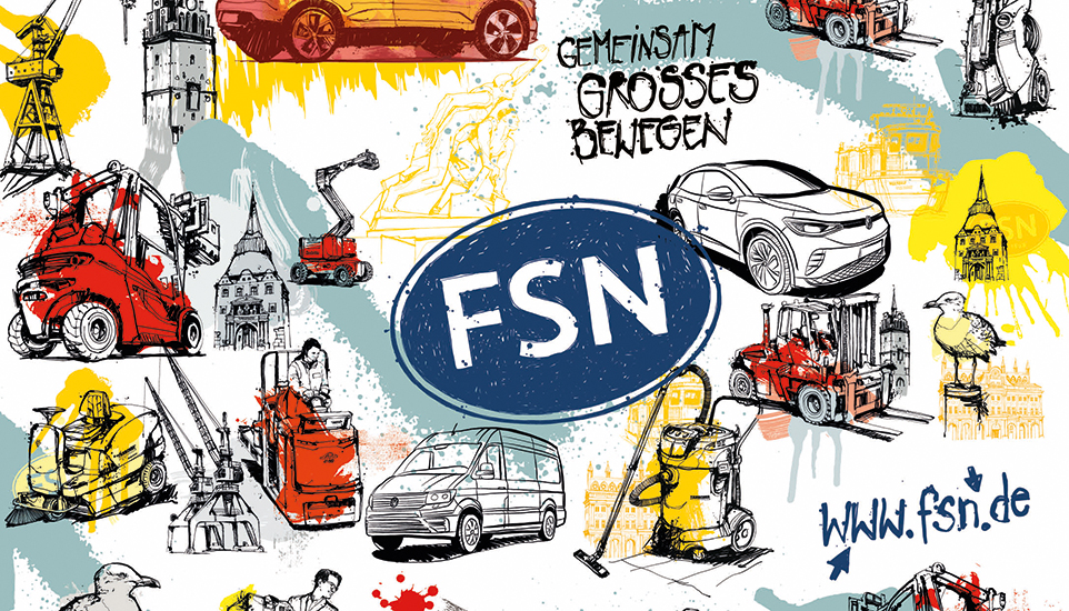 Grafische Darstellung zeigt verschiedene Piktogramme und das Logo der FSN Unternehmensgruppe.