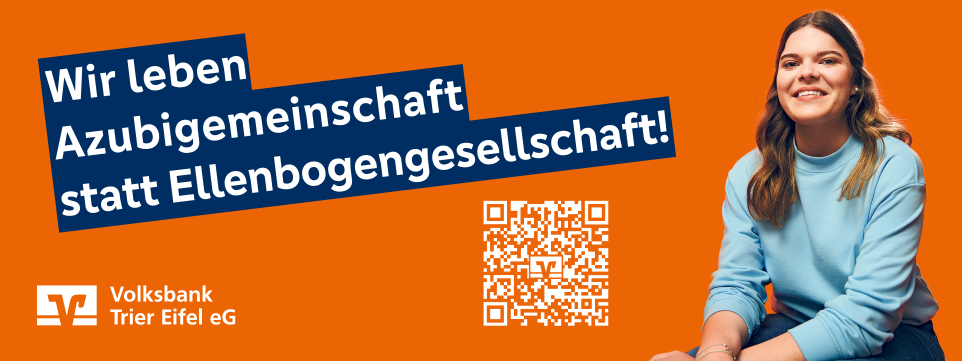 Frau mit orangenem Hintergrund. Slogan: Wir leben Azubigemeinschaft statt Ellenbogengesellschaft!