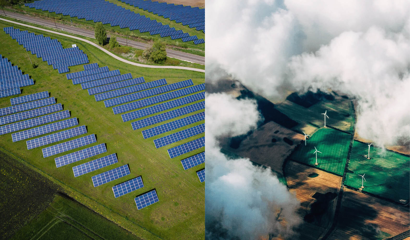 2 Luftaufnahmen: Solarfeldern, Windräder