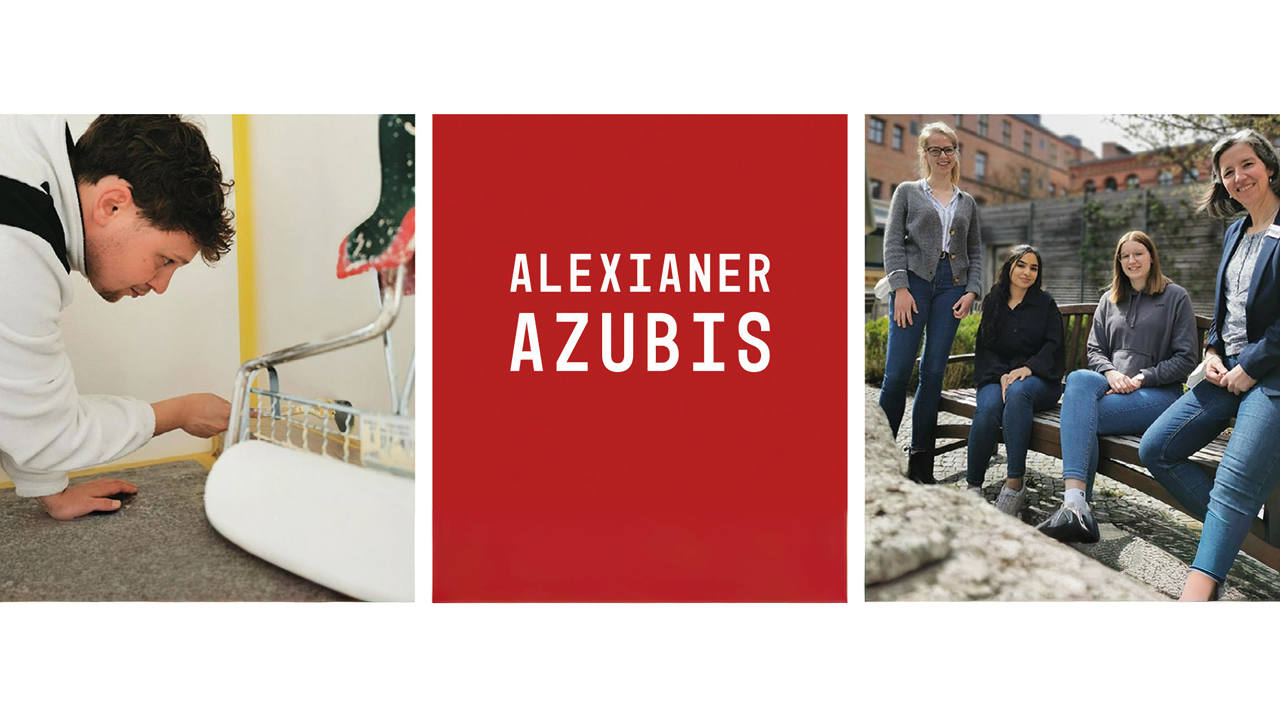 Bildcollage, ein Maler bei der Arbeit, 4 junge Menschen als Gruppe und zwischen den zwei Bildern ein Text Alexianer Azubis