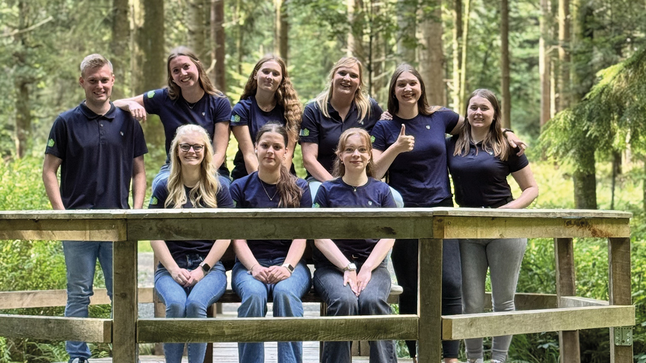 Gruppe junger Menschen, wahrscheinlich Azubis vom Amt Südtondern, im Wald, Gruppenfoto
