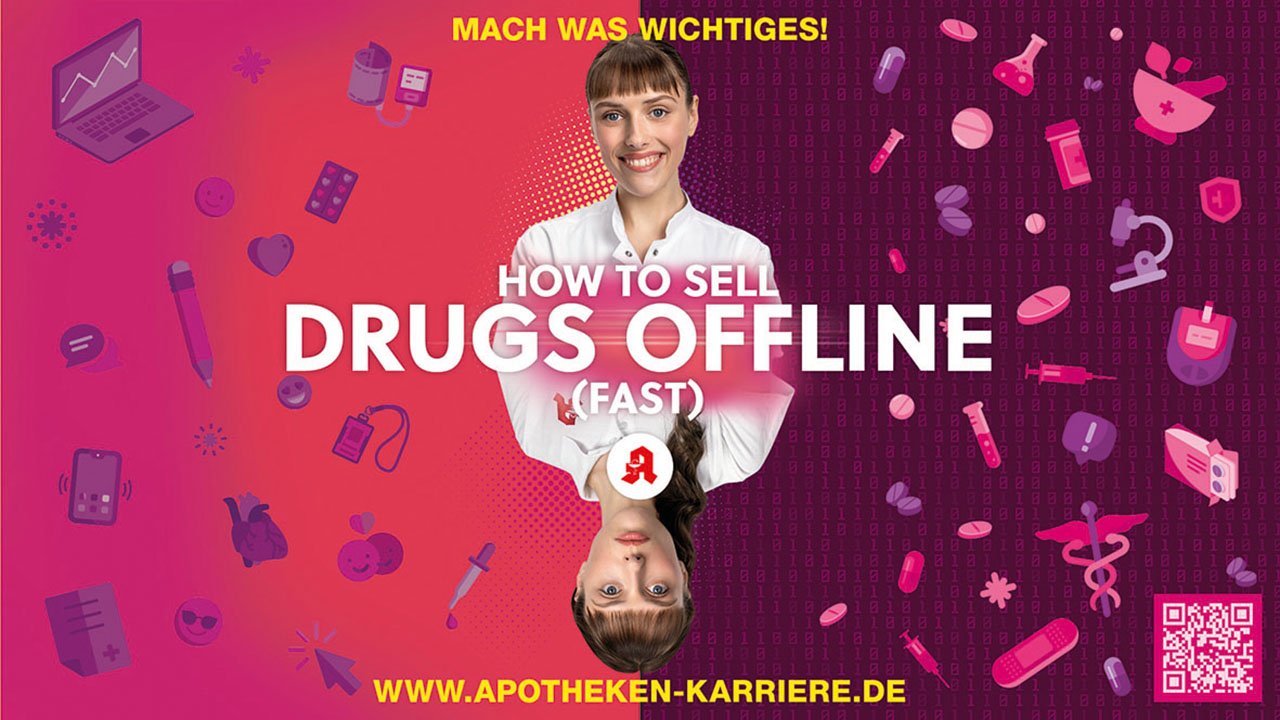 Apothekerin vor pink-lilanem Hintergrund mit stilisierten Apotheken-Symbolen, Bildaufschrift: Mach was Wichtiges! How to sell drugs offline (fast)